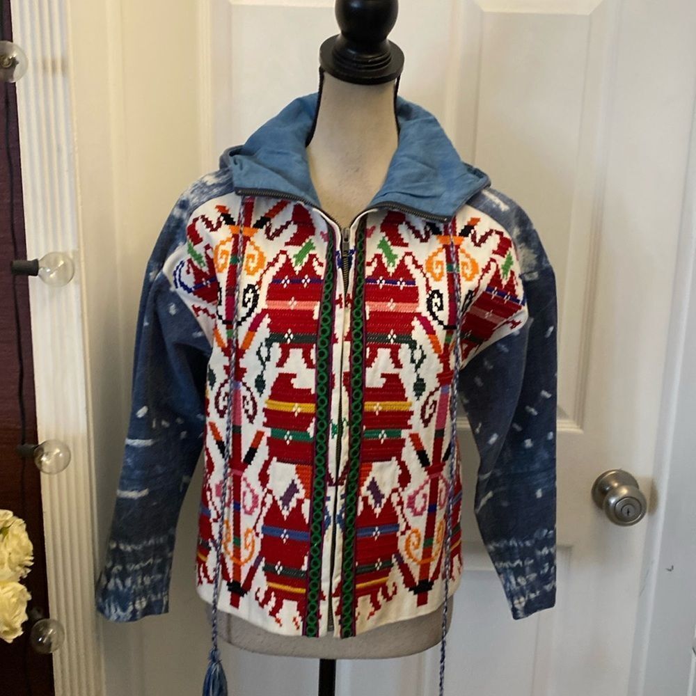 Hiche embroidered frond denim hooded folk jacket, S